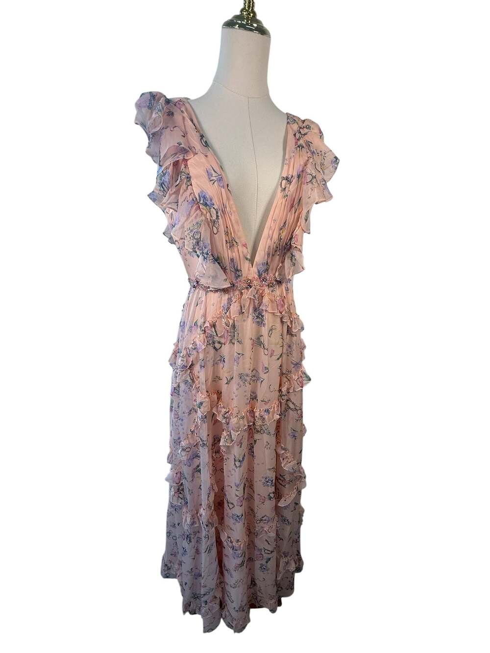 Mac Duggal Floral Ruffle Embellished Maxi Dress Size 10